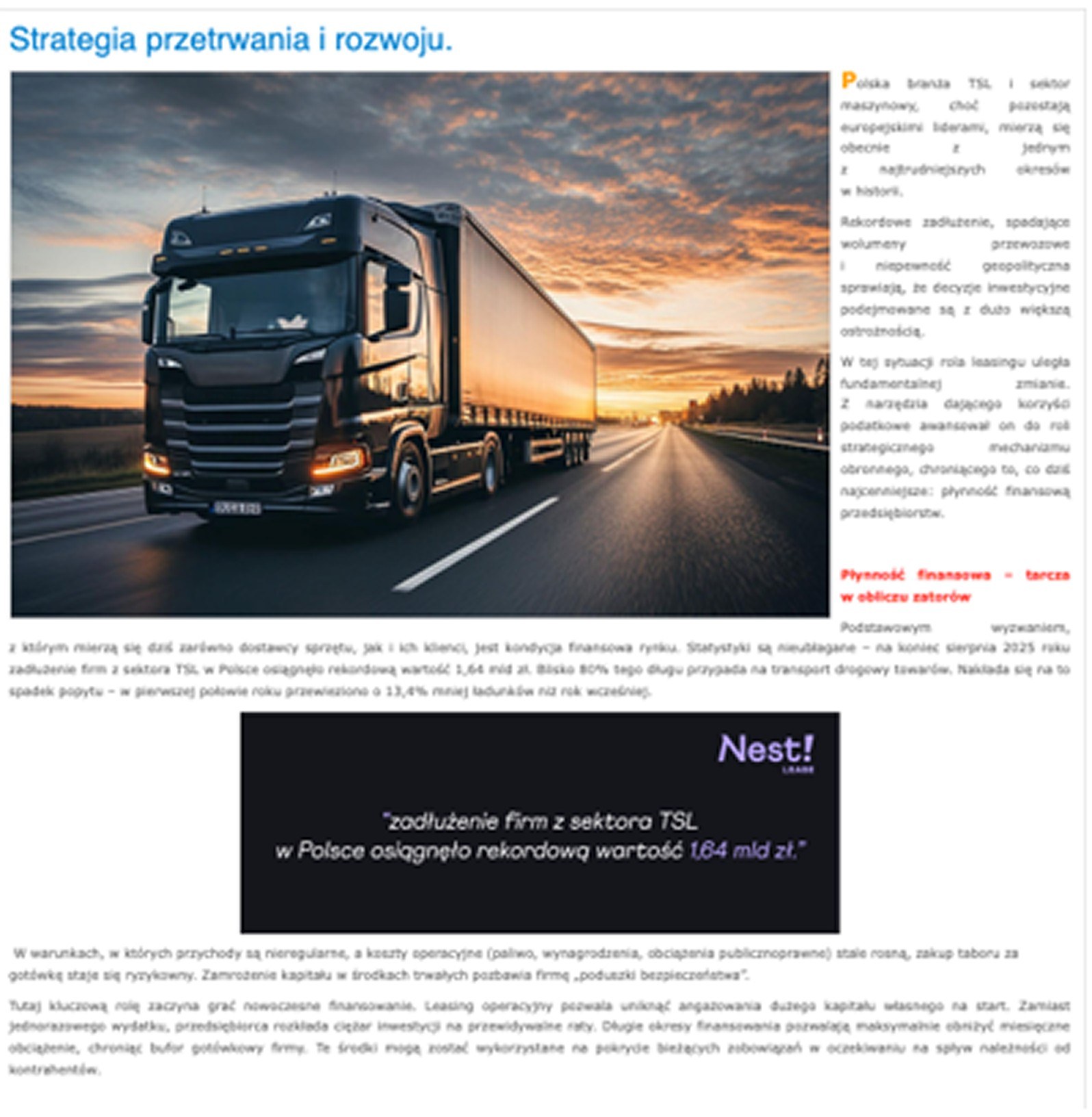 Artykuł „Strategia przetrwania i rozwoju” o leasingu w branży TSL, z cytatem Nest Lease o zadłużeniu sektora 1,64 mld zł